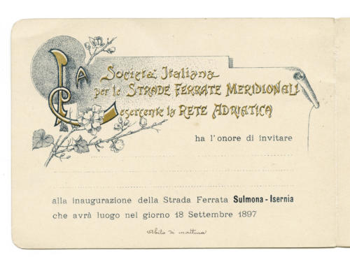 Invito al treno inaugurale della ferrovia Sulmona-Isernia del 18 settembre 1897