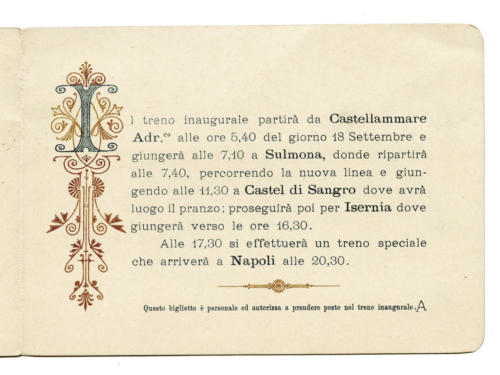 Invito al treno inaugurale della ferrovia Sulmona-Isernia del 18 settembre 1897